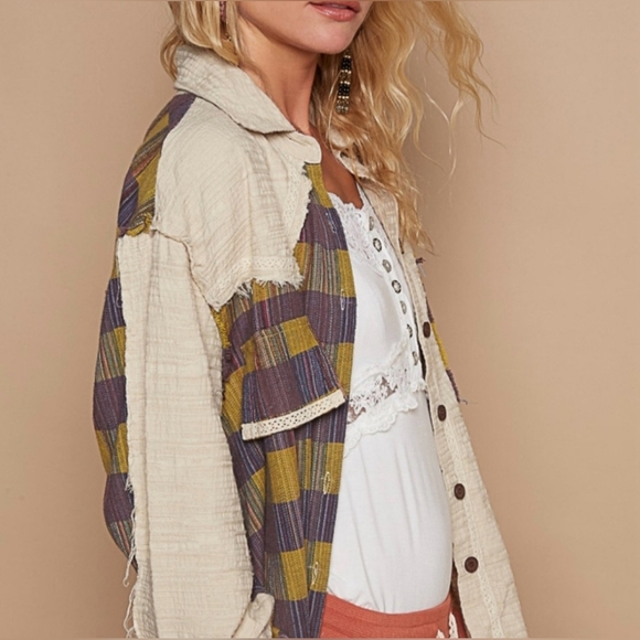 POL NWOT Womens Patchwork Button Down Boho Beige! Boutique designer Med - Picture 2 of 4